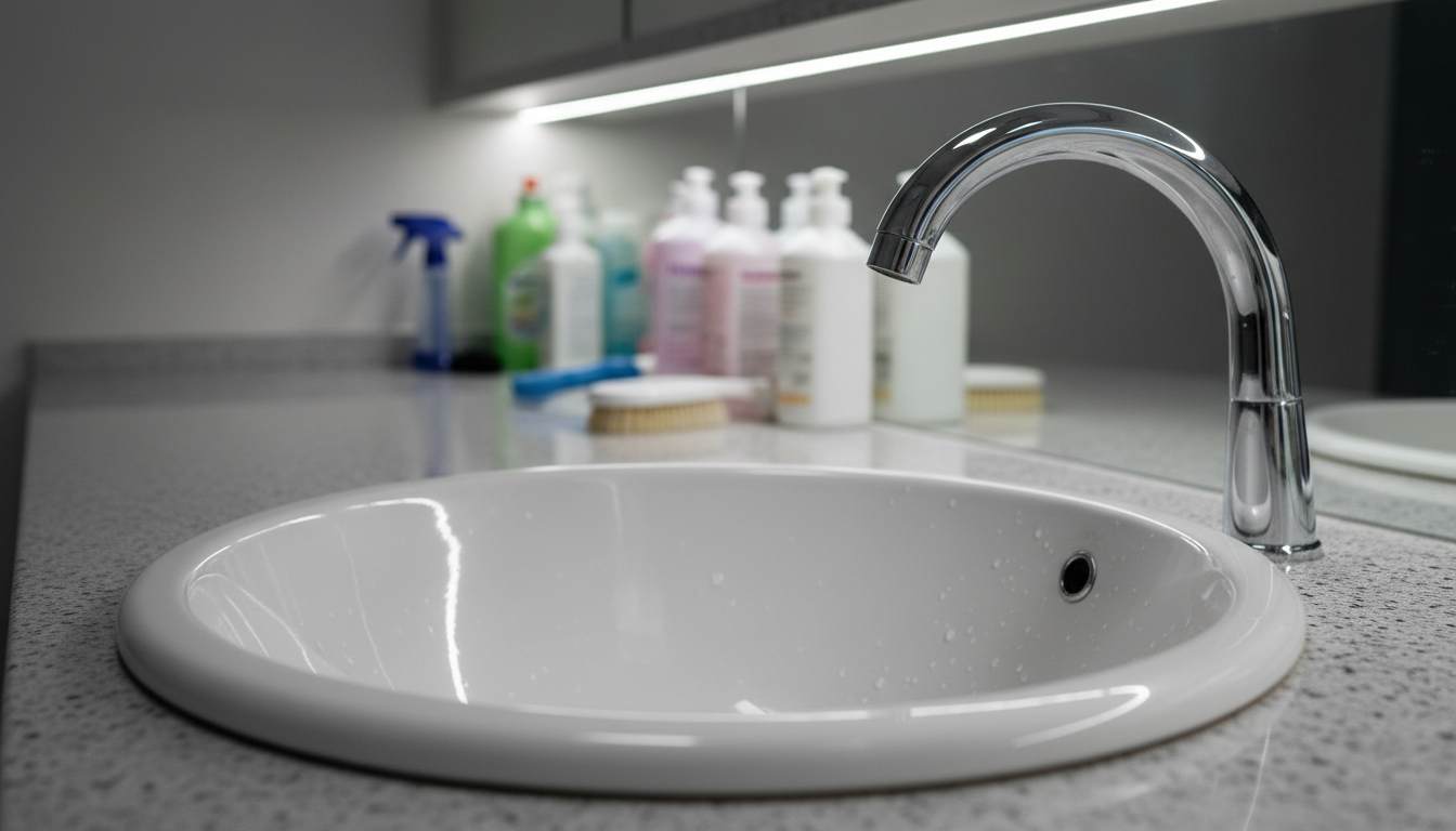 A close-up shot of gleaming chrome faucet and deep white porcelain sink, with water droplets beading on the perfectly polished surface. Set in a spotless break room kitchenette, the counters feature understated gray stone, and distant blurred elements suggest well-organized cleaning supplies. Soft overhead LED lighting casts delicate highlights along the faucet’s smooth contours, enhancing its shine and emphasizing the cleanliness of the area. Photographed at an eye-level angle with a sharp foreground and gently blurred background, the mood is fresh and reassuring. The image embodies photographic realism, clean lines, and a structured, professional atmosphere ideal for representing dependable cleaning services.