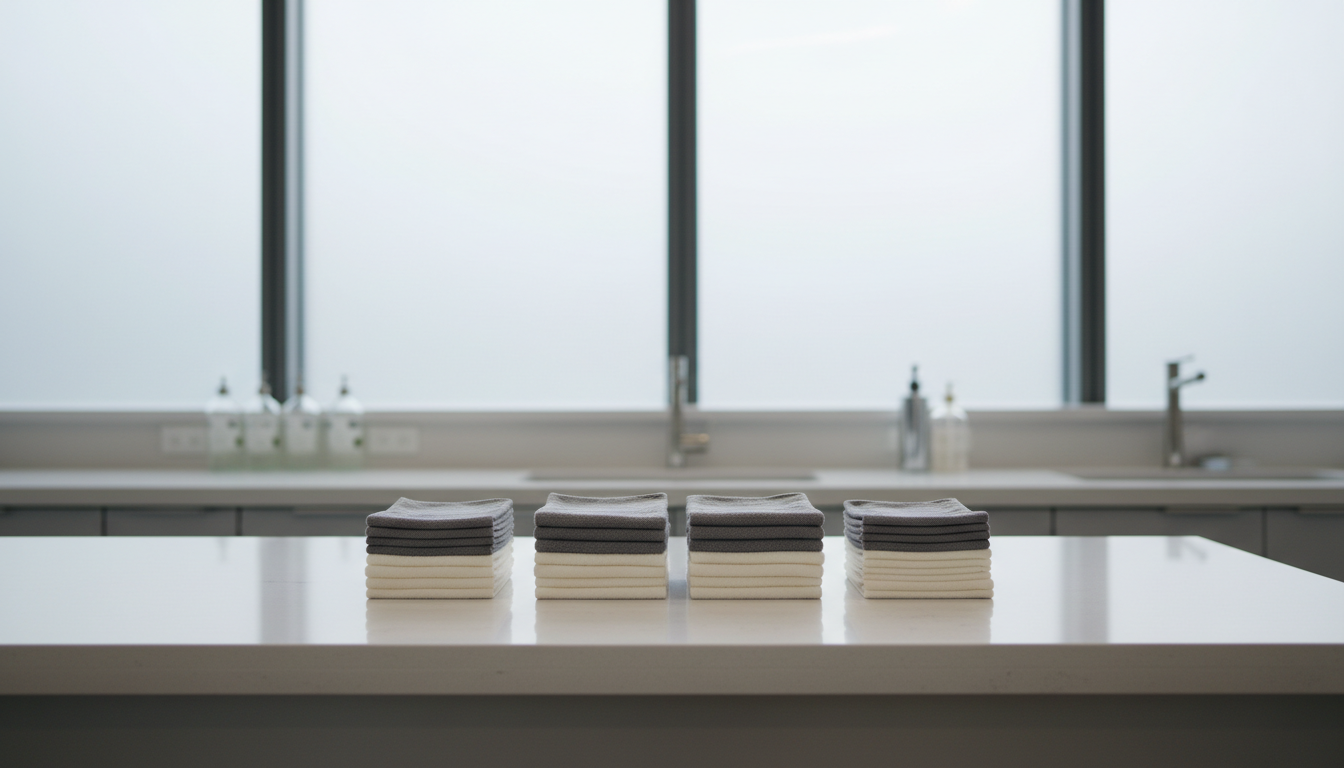 An immaculate countertop featuring a selection of pristine microfiber cloths in muted grays and creams, neatly folded in uniform stacks. The counter is a smooth, light quartz with polished edges, set in a bright, modern office cleaning supply area. Soft, diffused daylight streams in through large frosted windows, creating gentle reflections on the countertop surface and highlighting the subtle textures of the cloths. The composition is captured from a slightly elevated, centered angle with sharp focus, ensuring every clean line and detail is crisp. The overall mood is calm, orderly, and professional, with a balanced, minimalist aesthetic emphasizing cleanliness and reliability in a corporate environment.